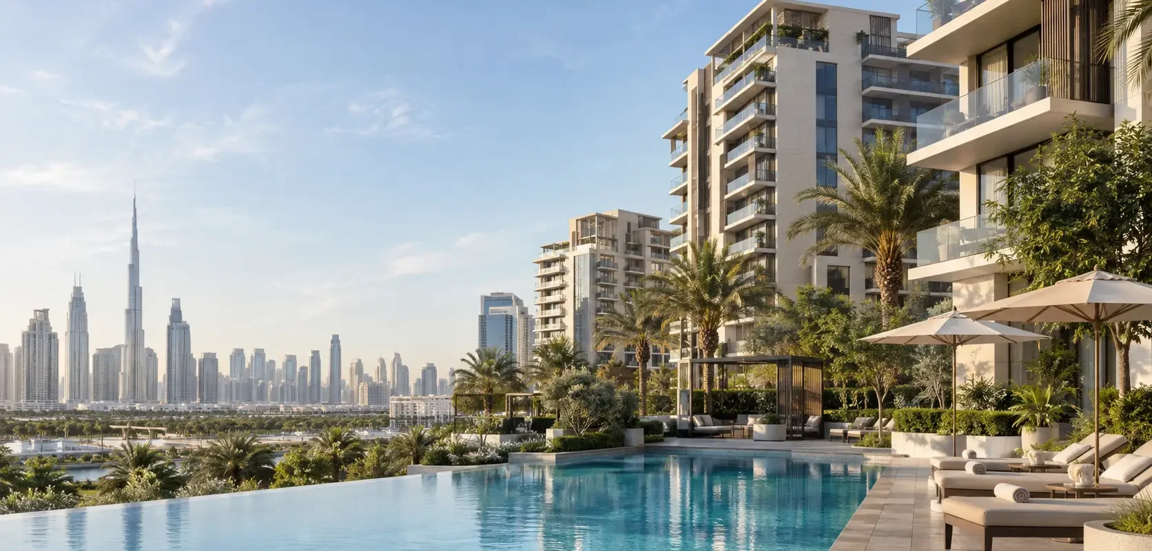 Luxury apartments for sale in Dubai with modern skyline views and premium residential towers
