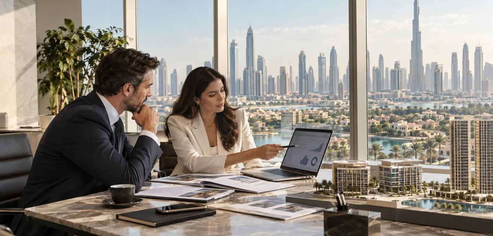 Dubai property investment guide showing luxury buildings, real estate analysis and city skyline
