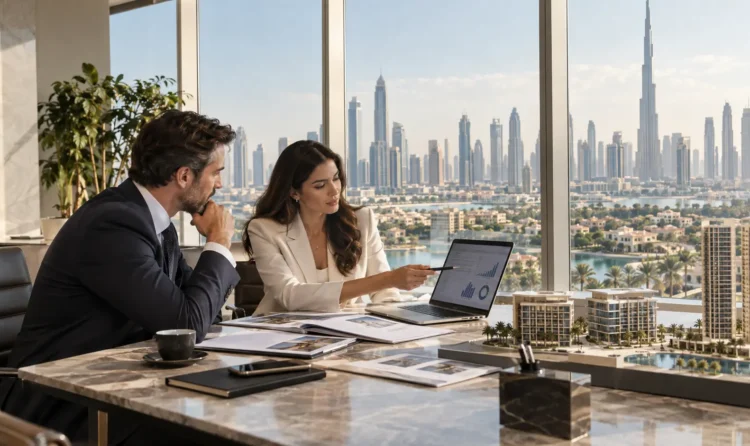 Dubai property investment guide showing luxury buildings, real estate analysis and city skyline