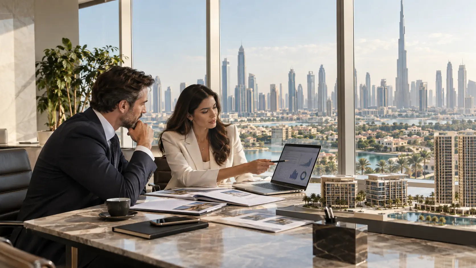 Dubai property investment guide showing luxury buildings, real estate analysis and city skyline