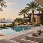 Modern villa landscaping in Dubai with luxury garden design, swimming pool and outdoor living area