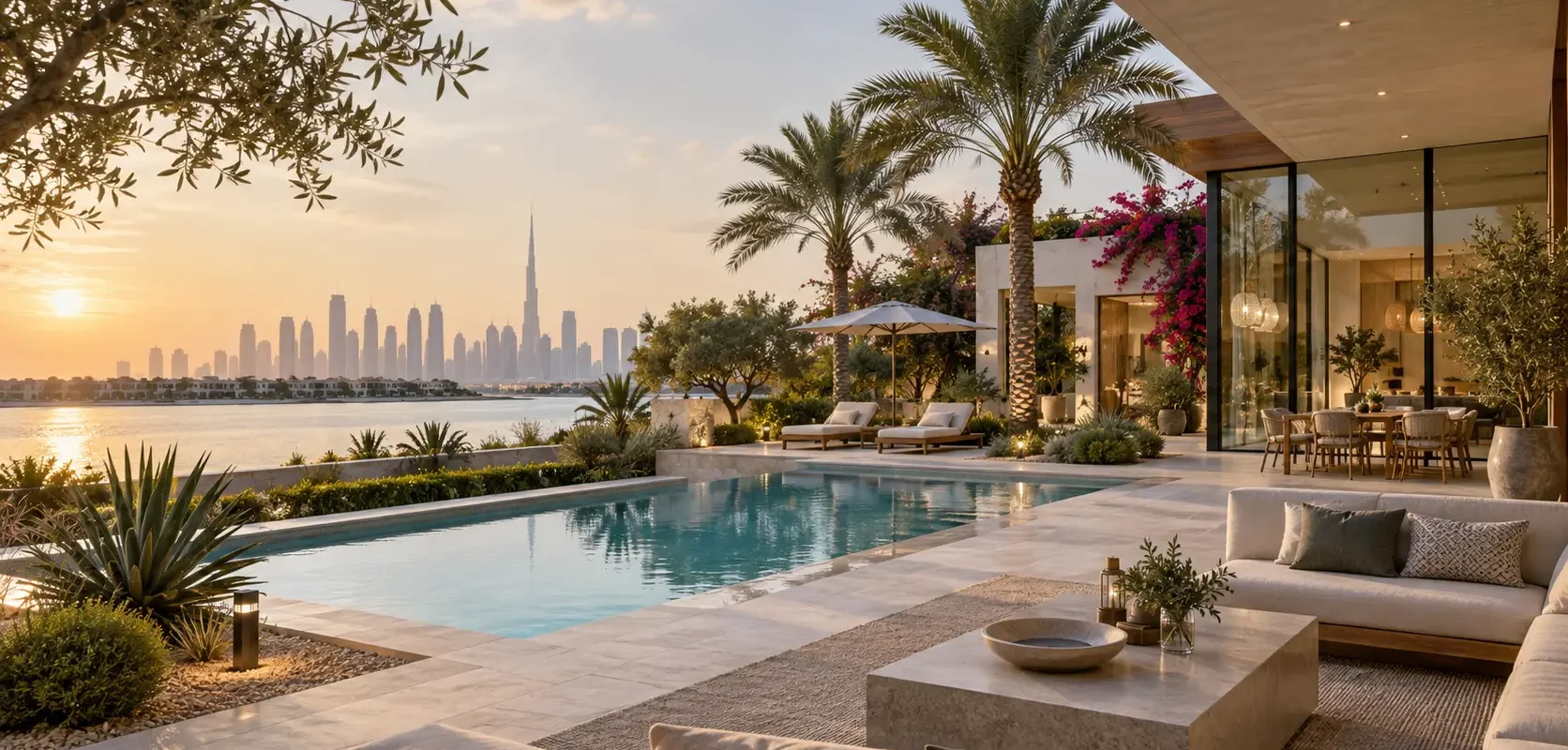 Modern villa landscaping in Dubai with luxury garden design, swimming pool and outdoor living area