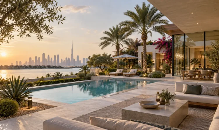 Modern villa landscaping in Dubai with luxury garden design, swimming pool and outdoor living area