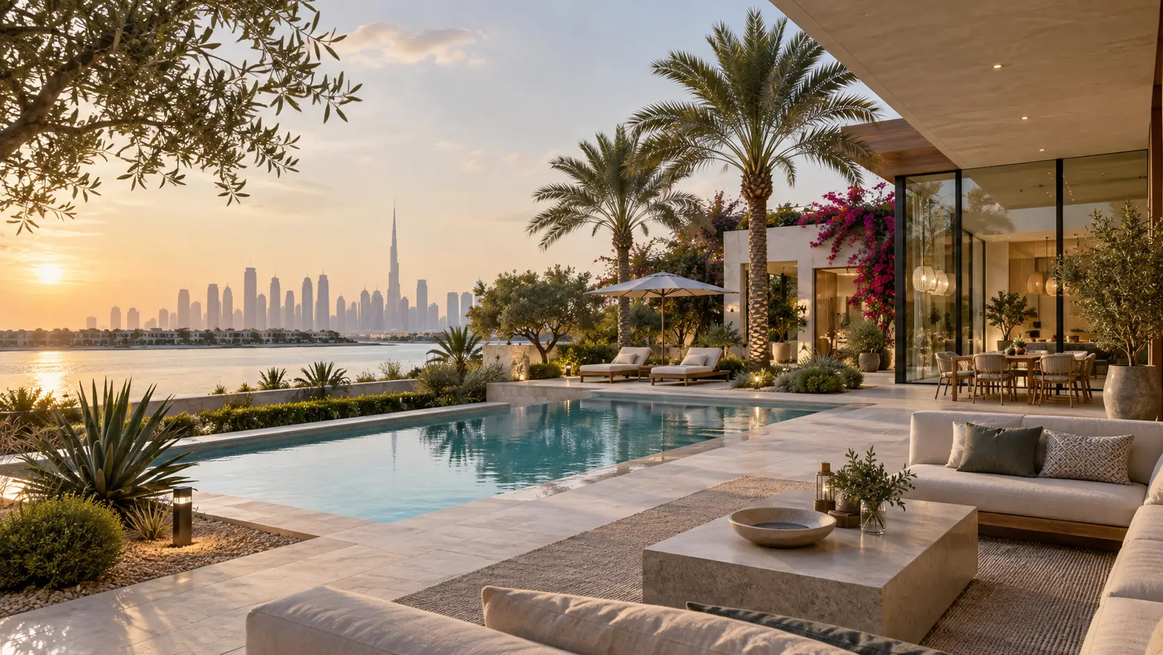 Modern villa landscaping in Dubai with luxury garden design, swimming pool and outdoor living area