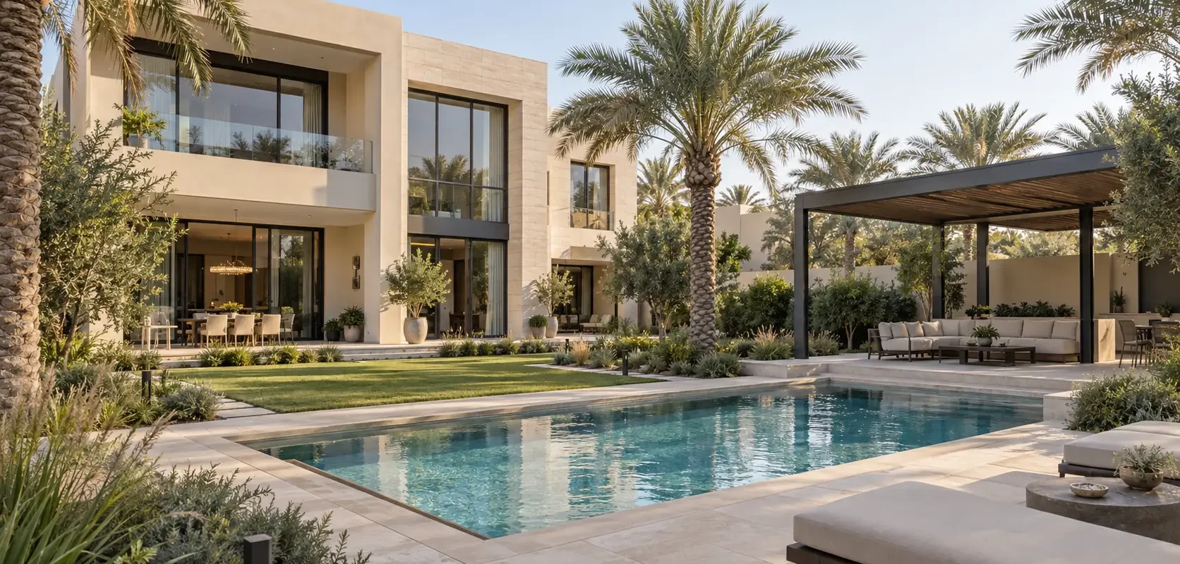 Luxury villa landscaping with pool and garden in Dubai