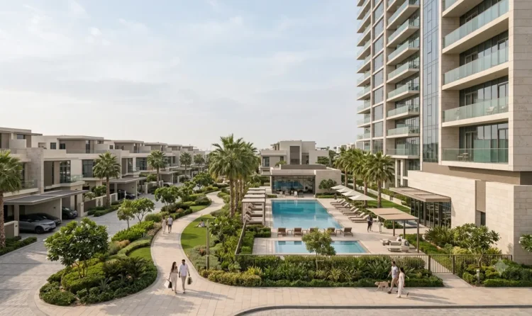 Dubai apartment building and villa community illustrating residential property ownership costs