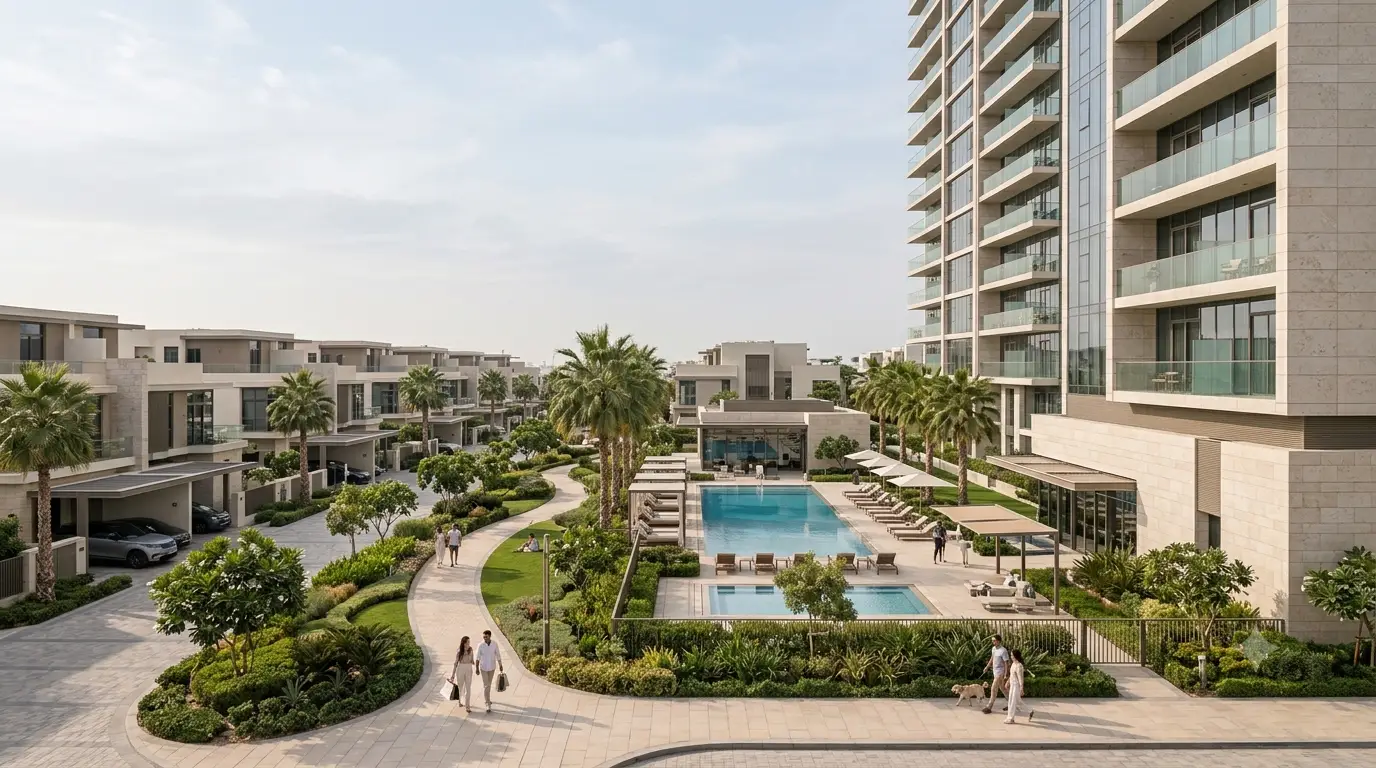 Dubai apartment building and villa community illustrating residential property ownership costs